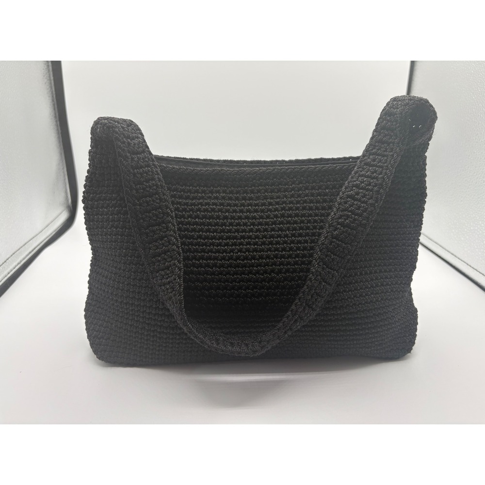 The Sak Crochet Shoulder Bag Womens Medium Black Excellent Tight Knit Zip Top